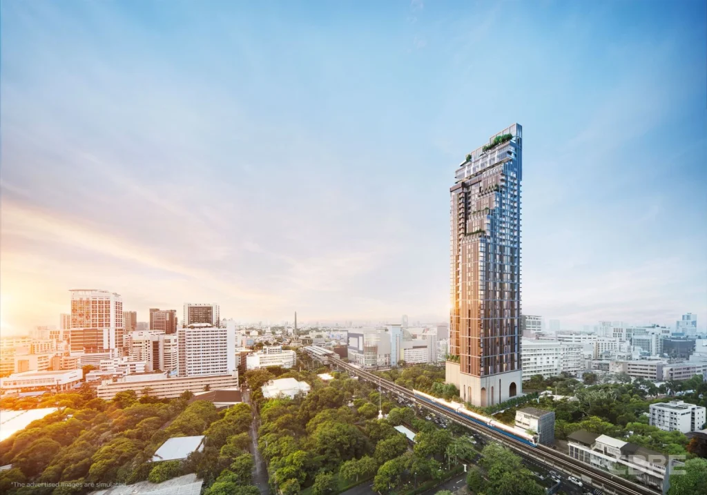 3D render of MARQUIS Phayathai, a luxury high-rise condominium near Victory Monument, Bangkok, with premium finishes and panoramic city views.