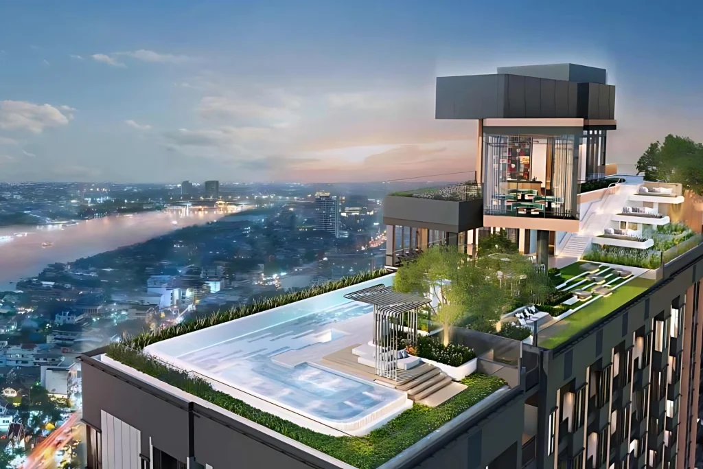 3D render of Life Charoennakhon-Sathorn, a luxury high-rise condominium in Charoenkrung, Bangkok, offering panoramic river views and premium amenities.