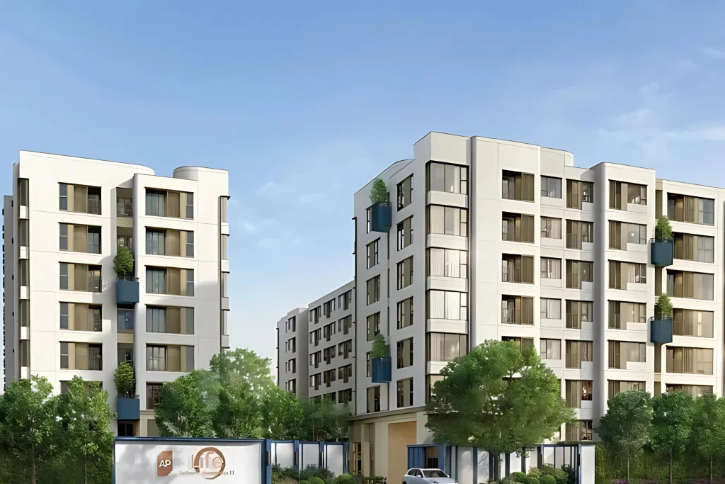 3D render of Life Sathorn-Narathiwas 22, a low-rise condominium in Narathiwas, Bangkok, featuring wellness-focused facilities and modern design.