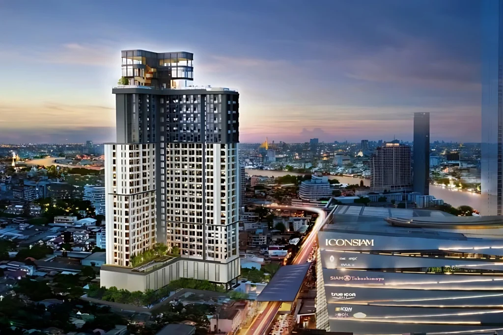 3D render of Rhythm Charoennakhon Iconic, a high-rise condominium on Bangkok’s Riverside, offering river views and direct BTS access.