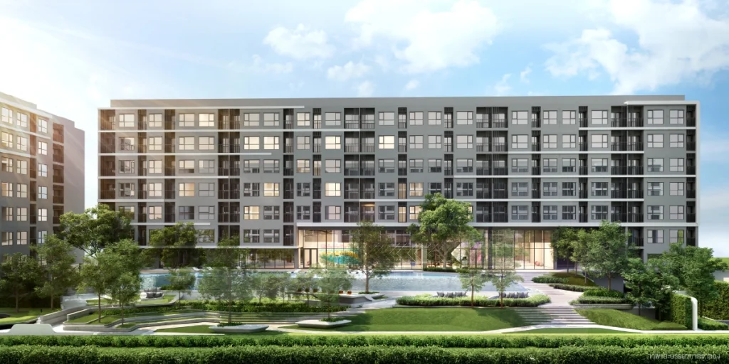 3D render of So Origin Sukhumvit 105, a modern low-rise condominium in Bang Na, Bangkok, with a French-inspired design and comprehensive amenities.